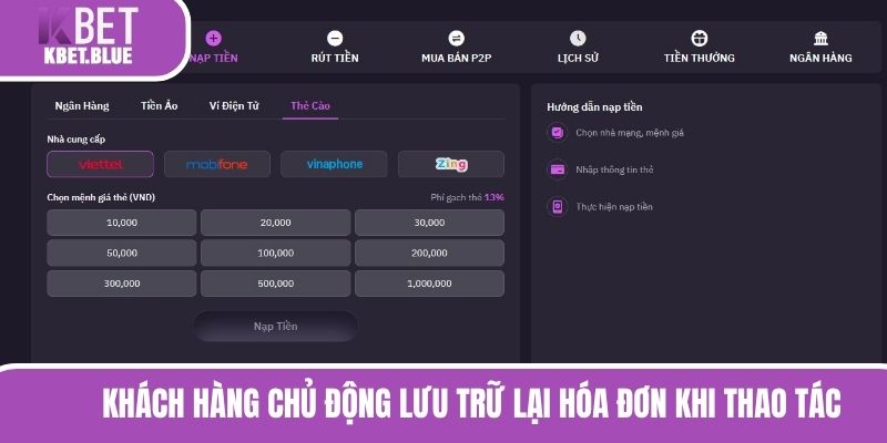 Khách hàng chủ động lưu trữ lại hóa đơn khi thao tác